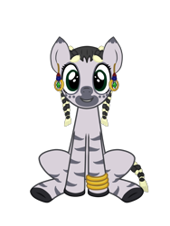 Size: 3000x4000 | Tagged: safe, artist:theonewithoutaname, imported from derpibooru, oc, oc only, oc:palesa, pony, zebra, black mane, blonde mane, bracelet, braided pigtails, braided tail, commission, ear piercing, female, green eyes, jewelry, piercing, simple background, sitting, smiling, solo, tail, transparent background, zebra oc