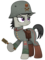 Size: 3000x4000 | Tagged: safe, artist:a4r91n, imported from derpibooru, octavia melody, earth pony, pony, annoyed, bandage, boots, clothes, female, frown, german, grenade, hoof hold, kriegtavia, messy mane, military uniform, pants, shoes, simple background, solo, stahlhelm, stielhandgranate, tail wrap, transparent background, uniform, vector, world war i