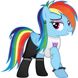 Size: 3400x3400 | Tagged: safe, artist:a4r91n, imported from derpibooru, rainbow dash, pegasus, pony, alternate hairstyle, bedroom eyes, bracelet, clash of hasbro's titans, clothes, decepticon, ear piercing, earring, eyeshadow, fangirl, female, jewelry, looking at you, makeup, mare, piercing, punk, raised hoof, shirt, simple background, skirt, socks, solo, t-shirt, transformers, transparent background, vector