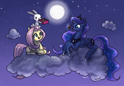 Size: 1800x1246 | Tagged: safe, artist:king-kakapo, imported from derpibooru, angel bunny, fluttershy, princess luna, alicorn, pegasus, pony, rabbit, animal, cloud, curved horn, cute, digital art, eating, female, food, full moon, glowing horn, horn, lunabetes, lying on a cloud, magic, male, mare, mid-autumn festival, moon, mooncake, night, night sky, open mouth, prone, shyabetes, sky, stars, telekinesis, tongue out, trio