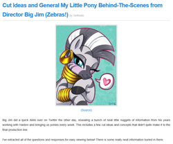Size: 836x697 | Tagged: safe, imported from derpibooru, zecora, pony, zebra, equestria daily, colored hooves, ear piercing, earring, female, heart, interview, jewelry, jim miller, looking at you, mare, necklace, one eye closed, piercing, question and answer, sethisto, solo, speech bubble, website, what could have been, wink