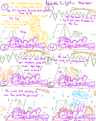 Size: 1280x1611 | Tagged: safe, artist:adorkabletwilightandfriends, imported from derpibooru, applejack, twilight sparkle, alicorn, earth pony, fox, pony, comic:adorkable twilight and friends, adorkable twilight, autumn, bad luck, blanket, break, camp ground, campground, camping, comic, cute, dork, fail, feather, firewood, forest, funny, funny background event, glowing horn, helping, horn, humor, injured, innuendo, magic, ointment, on back, pain, poison, rain, slapstick, slice of life, stealing, stinging nettle, stinging nettles, telekinesis, tent, tree branch, twilight sparkle (alicorn), wood