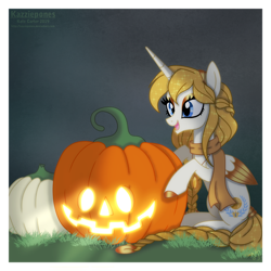 Size: 1024x1024 | Tagged: safe, artist:kazziepones, imported from derpibooru, oc, oc only, oc:aurora, alicorn, pony, clothes, female, halloween, holiday, jack-o-lantern, mare, pumpkin, scarf, solo, two toned wings, wings