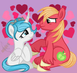 Size: 1200x1131 | Tagged: safe, artist:domina-venatricis, imported from derpibooru, big macintosh, oc, alicorn, pony, alicorn oc, base used, blank flank, canon x oc, female, heart, heart background, male, mare, shipping, straight