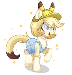 Size: 2735x2823 | Tagged: safe, artist:lazuli, artist:mint-light, artist:sugaryicecreammlp, imported from derpibooru, oc, oc only, oc:pika, earth pony, pikachu, pony, base used, cap, commission, eye clipping through hair, female, hat, mare, overalls, pokémon, raised hoof, simple background, solo, transparent background