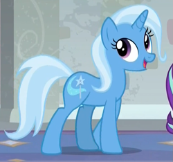 Size: 821x769 | Tagged: safe, imported from derpibooru, screencap, trixie, pony, unicorn, a horse shoe-in, cropped, female, looking up, mare, open mouth, side view, smiling, solo focus, walking