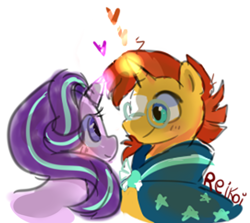 Size: 455x406 | Tagged: safe, artist:cupcakebunny03, imported from derpibooru, starlight glimmer, sunburst, pony, unicorn, cape, clothes, cute, duo, female, glasses, heart, looking at each other, male, mare, shipping, simple background, stallion, starburst, straight, white background