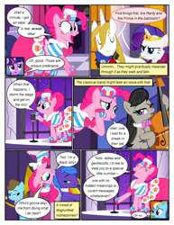 Size: 612x792 | Tagged: safe, artist:newbiespud, edit, edited screencap, imported from derpibooru, screencap, beauty brass, frederic horseshoepin, masquerade, octavia melody, parish nandermane, pinkie pie, prince blueblood, rainbow dash, rarity, twilight sparkle, earth pony, pegasus, pony, unicorn, comic:friendship is dragons, the best night ever, background pony, bipedal, bow (instrument), bowtie, cello, clothes, comic, dialogue, dress, eyes closed, female, flower, frown, gala dress, grin, harp, hat, hooves, horn, male, mare, microphone, musical instrument, rose, screencap comic, smiling, sousaphone, stallion, unamused, unicorn twilight, whispering, worried
