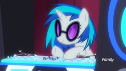 Size: 1920x1080 | Tagged: safe, imported from derpibooru, screencap, dj pon-3, vinyl scratch, pony, unicorn, a horse shoe-in, discovery family logo, female, mare, solo, turntable