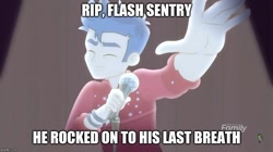 Size: 888x499 | Tagged: safe, edit, edited screencap, imported from derpibooru, screencap, flash sentry, cheer you on, equestria girls, equestria girls series, spoiler:eqg series (season 2), caption, clothes, discovery family logo, eyes closed, image macro, implied derpsentry, implied derpy, implied derpy hooves, implied sci-twi, implied sunset shimmer, implied twilight sparkle, male, microphone, smiling, solo, text