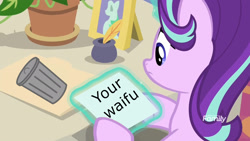 Size: 1920x1080 | Tagged: safe, edit, edited screencap, imported from derpibooru, screencap, phyllis, starlight glimmer, pony, unicorn, a horse shoe-in, discovery family logo, female, mare, photo, trash can, trixie's photo, your waifu is trash