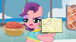 Size: 1600x900 | Tagged: safe, imported from derpibooru, screencap, spoiled rich, earth pony, pony, a horse shoe-in, bags under eyes, ball, basket, book, clothes, eyeshadow, female, graph, makeup, mare, pointing, raised eyebrow, snobby, solo