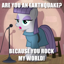 Size: 521x523 | Tagged: safe, edit, edited screencap, imported from derpibooru, screencap, maud pie, earth pony, pony, the maud couple, caption, clothes, cropped, female, image macro, mare, microphone, pickup lines, pun, solo, text
