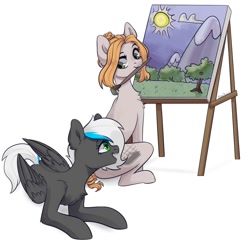 Size: 1250x1224 | Tagged: safe, artist:chibadeer, imported from derpibooru, oc, oc only, oc:midnight note, earth pony, pegasus, pony, female, mare, mouth hold, paintbrush, painting, simple background, white background