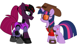 Size: 8922x5114 | Tagged: safe, artist:ejlightning007arts, imported from derpibooru, tempest shadow, twilight sparkle, alicorn, boots, crossover, eye scar, female, hat, lesbian, looking at each other, overwatch, ponytail, scar, shipping, shoes, simple background, sniper, sunglasses, team fortress 2, tempestlight, transparent background, twilight sniper, twilight sparkle (alicorn), vector, watch, widowmaker, widowtempest