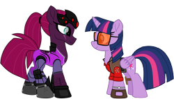 Size: 8922x5114 | Tagged: safe, alternate version, artist:ejlightning007arts, edit, imported from derpibooru, tempest shadow, twilight sparkle, alicorn, absurd resolution, boots, crossover, eye scar, female, lesbian, looking at each other, overwatch, ponytail, scar, shipping, shoes, simple background, sniper, sunglasses, team fortress 2, tempestlight, transparent background, twilight sniper, twilight sparkle (alicorn), vector, watch, widowmaker, widowtempest