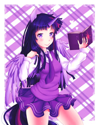 Size: 967x1200 | Tagged: safe, artist:jaumaruyama, imported from derpibooru, twilight sparkle, twilight sparkle (alicorn), alicorn, human, alicorn humanization, blushing, book, clothes, cute, eared humanization, female, horned humanization, humanized, looking at you, miniskirt, moe, pleated skirt, schoolgirl, skirt, smiling, solo, tailed humanization, thighs, winged humanization