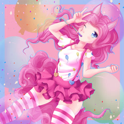 Size: 1000x1000 | Tagged: safe, artist:jaumaruyama, imported from derpibooru, pinkie pie, human, clothes, cute, diapinkes, eared humanization, female, humanized, looking at you, miniskirt, moe, noisemaker, one eye closed, peace sign, shirt, skirt, socks, solo, striped socks, suspenders, tailed humanization, thigh highs, thighs, wink, zettai ryouiki