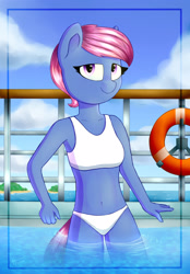Size: 2073x2979 | Tagged: safe, artist:perezadotarts, imported from derpibooru, oc, oc only, anthro, belly button, bikini, clothes, cloud, colored, digital art, female, hair, handrail, island, life preserver, midriff, poolside, railing, sky, smiling, solo, standing, swimming pool, swimsuit, water