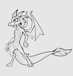 Size: 1280x1333 | Tagged: safe, artist:quadrog, imported from derpibooru, princess ember, dragon, big tail, black and white, dragoness, explicit source, female, grayscale, monochrome, simple background, solo, white background