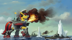 Size: 2400x1350 | Tagged: safe, artist:amarynceus, imported from derpibooru, oc, oc only, oc:acela, oc:southern belle, pony, battleship, battleship ponies, clothes, commission, female, giant pony, kantai collection, macro, mare, ocean, raised hoof, ship, uniform