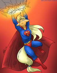 Size: 932x1200 | Tagged: safe, artist:kaemantis, imported from derpibooru, applejack, anthro, unguligrade anthro, app-el, asteroid, clothes, commission, crossover, dc comics, female, rock, solo, super strength, superman