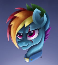Size: 1604x1818 | Tagged: safe, artist:brownbush, imported from derpibooru, rainbow dash, pegasus, pony, alternate timeline, apocalypse dash, bust, crystal war timeline, eye scar, female, gradient background, mare, scar, smiling, smirk, solo, torn ear