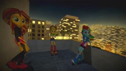 Size: 1920x1080 | Tagged: safe, artist:russianguyt, imported from derpibooru, applejack, rainbow dash, sunset shimmer, equestria girls, 3d, badass, city, cityscape, gmod, gun, night, pose, poster, weapon