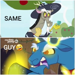 Size: 2896x2896 | Tagged: safe, edit, edited screencap, imported from derpibooru, screencap, discord, grogar, draconequus, sheep, the big mac question, the ending of the end, collage, comedy, comparison, glowing eyes, high res, male, ram, sombrero, text