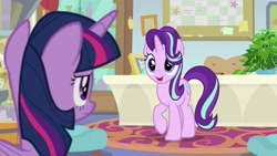 Size: 1920x1080 | Tagged: safe, imported from derpibooru, screencap, phyllis, starlight glimmer, twilight sparkle, alicorn, pony, unicorn, a horse shoe-in, cute, duo, duo female, female, glimmerbetes, looking at each other, mare, raised hoof, twilight sparkle (alicorn)