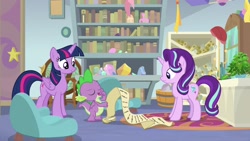 Size: 1920x1080 | Tagged: safe, imported from derpibooru, screencap, phyllis, spike, starlight glimmer, twilight sparkle, alicorn, dragon, pony, a horse shoe-in, scroll, twilight sparkle (alicorn), winged spike, wings