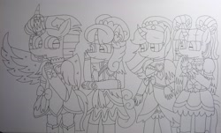 Size: 4615x2780 | Tagged: safe, artist:徐詩珮, imported from derpibooru, fizzlepop berrytwist, glitter drops, spring rain, tempest shadow, twilight sparkle, alicorn, anthro, plantigrade anthro, unicorn, artificial wings, augmented, bisexual, broken horn, clothes, crying, doki doki precure, dress, female, glitterlight, glittershadow, horn, lesbian, lineart, magic, magic wings, mare, polyamory, precure, shipping, singing, sprglitemplight, springdrops, springlight, springshadow, springshadowdrops, tears of joy, tempestlight, tomboy taming, traditional art, twilight sparkle (alicorn), wings