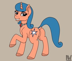 Size: 1032x878 | Tagged: safe, artist:nightwind-arts, imported from derpibooru, oc, oc only, oc:starlight, pony, unicorn, dock, ear fluff, female, jewelry, looking back, mare, necklace, raised leg, sassy, smiling, solo, standing, unicorn oc