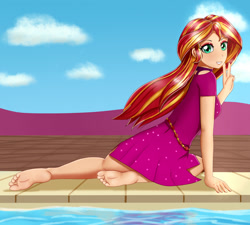 Size: 2000x1800 | Tagged: safe, artist:focusb, imported from derpibooru, sunset shimmer, equestria girls, equestria girls series, spring breakdown, spoiler:eqg series (season 2), barefoot, feet, female, looking at you, peace sign, solo