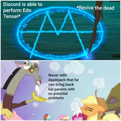 Size: 2896x2896 | Tagged: safe, edit, edited screencap, imported from derpibooru, screencap, applejack, discord, fluttershy, pinkie pie, rainbow dash, draconequus, earth pony, pony, princess twilight sparkle (episode), the beginning of the end, the ending of the end, leak, edo tensei, female, male, resurrection, teasing