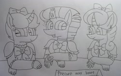 Size: 4246x2670 | Tagged: safe, artist:徐詩珮, imported from derpibooru, fizzlepop berrytwist, glitter drops, spring rain, tempest shadow, anthro, plantigrade anthro, unicorn, broken horn, clothes, dress, female, glittershadow, horn, lesbian, lineart, mare, polyamory, precure, precure max heart, shipping, springdrops, springshadow, springshadowdrops, tomboy taming, traditional art