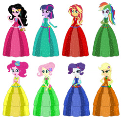 Size: 1260x1240 | Tagged: safe, artist:tantastirke, imported from derpibooru, applejack, fluttershy, pinkie pie, rainbow dash, rarity, sunset shimmer, twilight sparkle, alicorn, equestria girls, humane five, humane seven, humane six, long dress, long dress fetish, rainbow dash always dresses in style, simple background, twilight sparkle (alicorn), white background