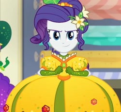 Size: 750x694 | Tagged: safe, imported from derpibooru, screencap, rarity, equestria girls, equestria girls series, holidays unwrapped, spoiler:eqg series (season 2), clothes, cornucopia costumes, costume, cropped, dress, gown, inflatable dress, o come all ye squashful, solo focus
