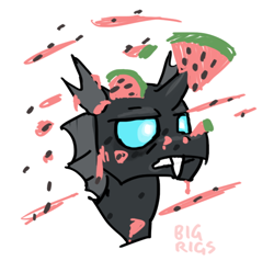 Size: 650x620 | Tagged: safe, artist:bigrigs, imported from derpibooru, changeling, bust, changeling loves watermelon, food, melon, portrait, solo, uhh, watermelon