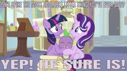 Size: 640x361 | Tagged: safe, edit, edited screencap, editor:undeadponysoldier, imported from derpibooru, screencap, spike, starlight glimmer, twilight sparkle, alicorn, dragon, pony, unicorn, a horse shoe-in, bookshelf, bust, cute, door, female, glimmerbetes, group hug, hug, lucky bastard, male, mare, portrait, shipping, sparlight, spikabetes, spike gets all the mares, spikelove, straight, twiabetes, twilight sparkle (alicorn), twispike