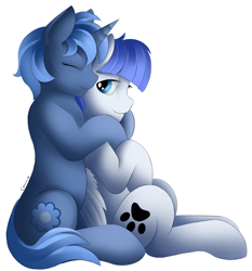 Size: 2534x2721 | Tagged: safe, artist:conrie, imported from derpibooru, oc, oc only, oc:double colon, oc:paamayim nekudotayim, oc:snow pup, pegasus, pony, unicorn, female, hug, mare, paw prints, simple background, sitting, white background, wings