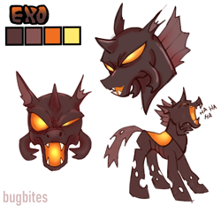 Size: 2200x2046 | Tagged: safe, artist:bugbites, imported from derpibooru, oc, oc only, oc:exo, changeling, changeling oc, mandibles, orange changeling, reference sheet, simple background, solo, white background