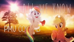 Size: 1280x720 | Tagged: safe, imported from derpibooru, applejack, rainbow dash, earth pony, pony, appledash, female, flying, happy, hat, horn, lesbian, pmv, pmv collab, shipping, sunset, tree, youtube link