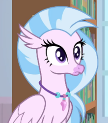 Size: 224x254 | Tagged: safe, imported from derpibooru, screencap, silverstream, classical hippogriff, hippogriff, a horse shoe-in, book, bookshelf, cropped, cute, diastreamies, female, jewelry, necklace, solo, teenager