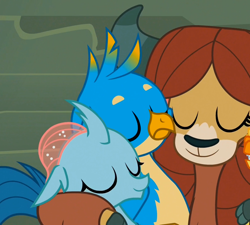 Size: 1200x1080 | Tagged: safe, edit, edited screencap, imported from derpibooru, screencap, gallus, ocellus, yona, changedling, changeling, griffon, yak, school daze, castle of the royal pony sisters, cloven hooves, comforting, cropped, cuddling, cute, diaocelles, eyes closed, female, gallabetes, group hug, heartwarming, hug, male, offscreen character, sad, shipping fuel, side by side, smiling, stairs, trio, yonadorable