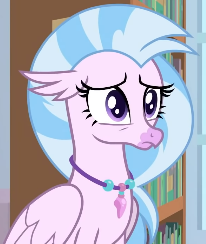 Size: 206x244 | Tagged: safe, imported from derpibooru, screencap, silverstream, classical hippogriff, hippogriff, a horse shoe-in, book, bookshelf, cropped, cute, diastreamies, female, jewelry, necklace, sad, solo, teenager