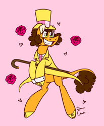 Size: 1690x2048 | Tagged: safe, artist:summer-cascades, imported from derpibooru, cheese sandwich, earth pony, pony, the last laugh, cane, clothes, flower, hat, male, rose, smiling, solo, suit, top hat