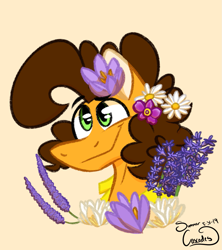 Size: 1365x1536 | Tagged: safe, artist:summer-cascades, imported from derpibooru, cheese sandwich, earth pony, pony, clothes, flower, flower in hair, male, raised eyebrow, shirt, smiling, solo, youtube link