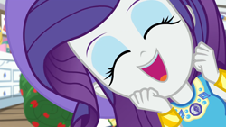 Size: 1920x1080 | Tagged: safe, imported from derpibooru, screencap, rarity, camping must-haves, equestria girls, equestria girls series, spoiler:eqg series (season 2), bracelet, close-up, cute, extreme close up, extreme close-up, eyes closed, eyeshadow, female, geode of shielding, happy, hat, jewelry, magical geodes, makeup, open mouth, photobomb, rarara, raribetes, rarity's bedroom, sleeping bag, smiling