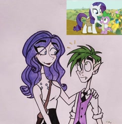 Size: 1980x2015 | Tagged: safe, artist:citi, imported from derpibooru, rarity, spike, dragon, human, pony, unicorn, inspiration manifestation, elf ears, female, humanized, male, mare, necktie, saddle bag, scene interpretation, screencap reference